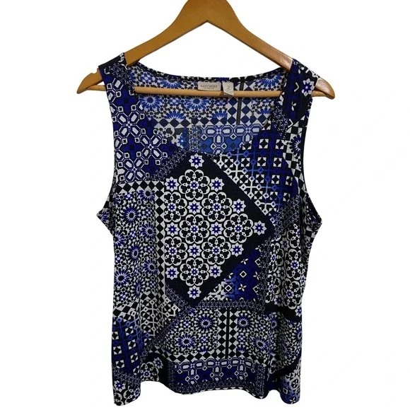 Easywear by Chico's Blue Geometric Patchwork Blouse Eclectic Career Size 2 L - Picture 2 of 9